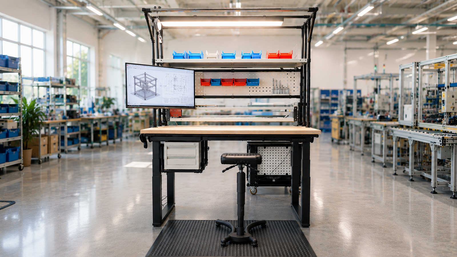 Postazione di produzione con struttura modulare, pannello perforato, contenitori e cassettiera