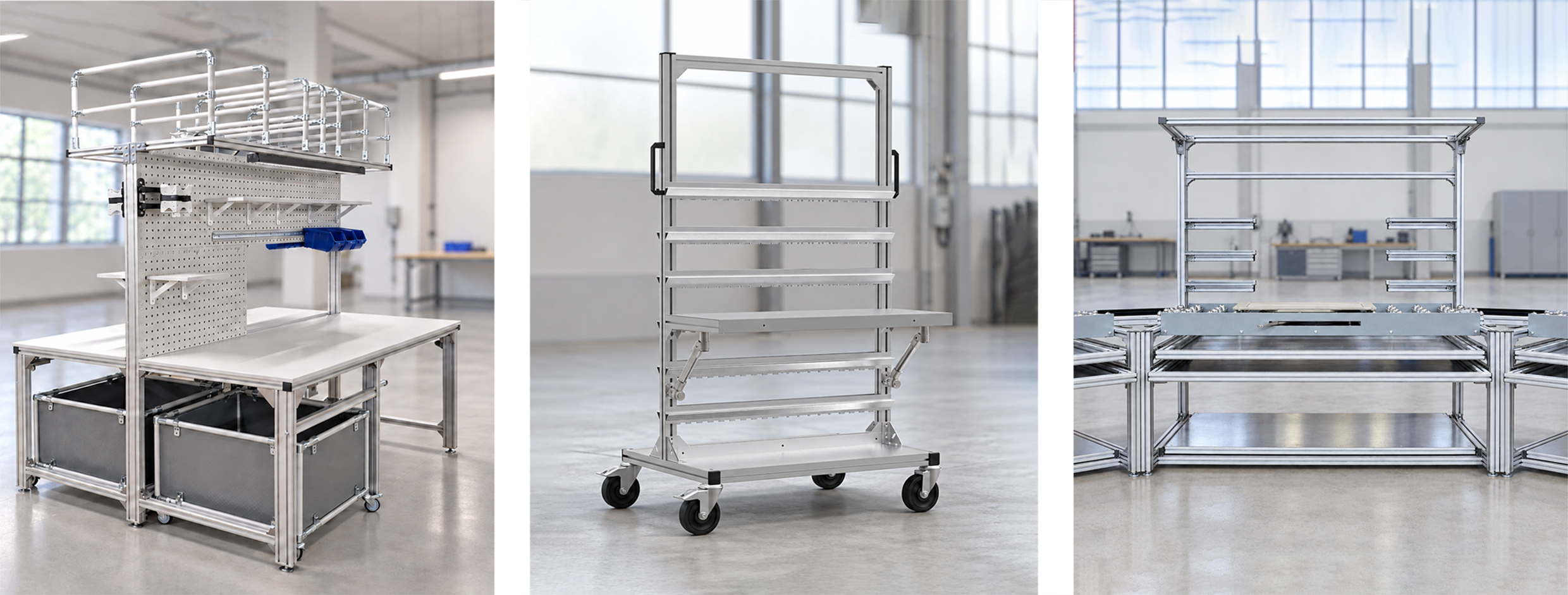 Banco da lavoro, carrello mobile per la movimentazione e piano a sfere realizzati con profili in alluminio