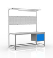 Tavolo da officina in profilati di alluminio, contenitore con anta (varie varianti)