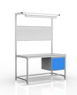 Tavolo da officina in profilati di alluminio, contenitore con anta (varie varianti)