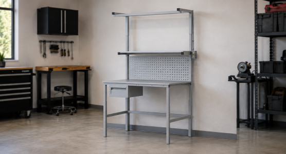 Tavoli da officina con sovrastruttura e piano in laminato
