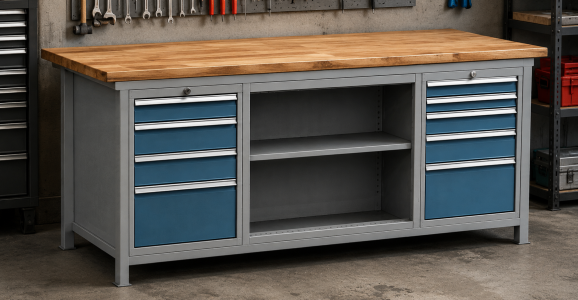 Tavoli da officina con contenitori incorporati