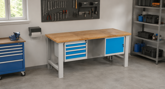 Tavoli da officina con contenitori sospesi