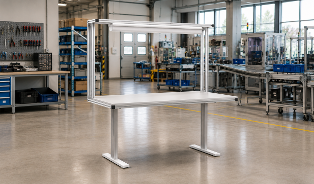 Tavolo con regolazione elettrica dell'altezza in profili di alluminio